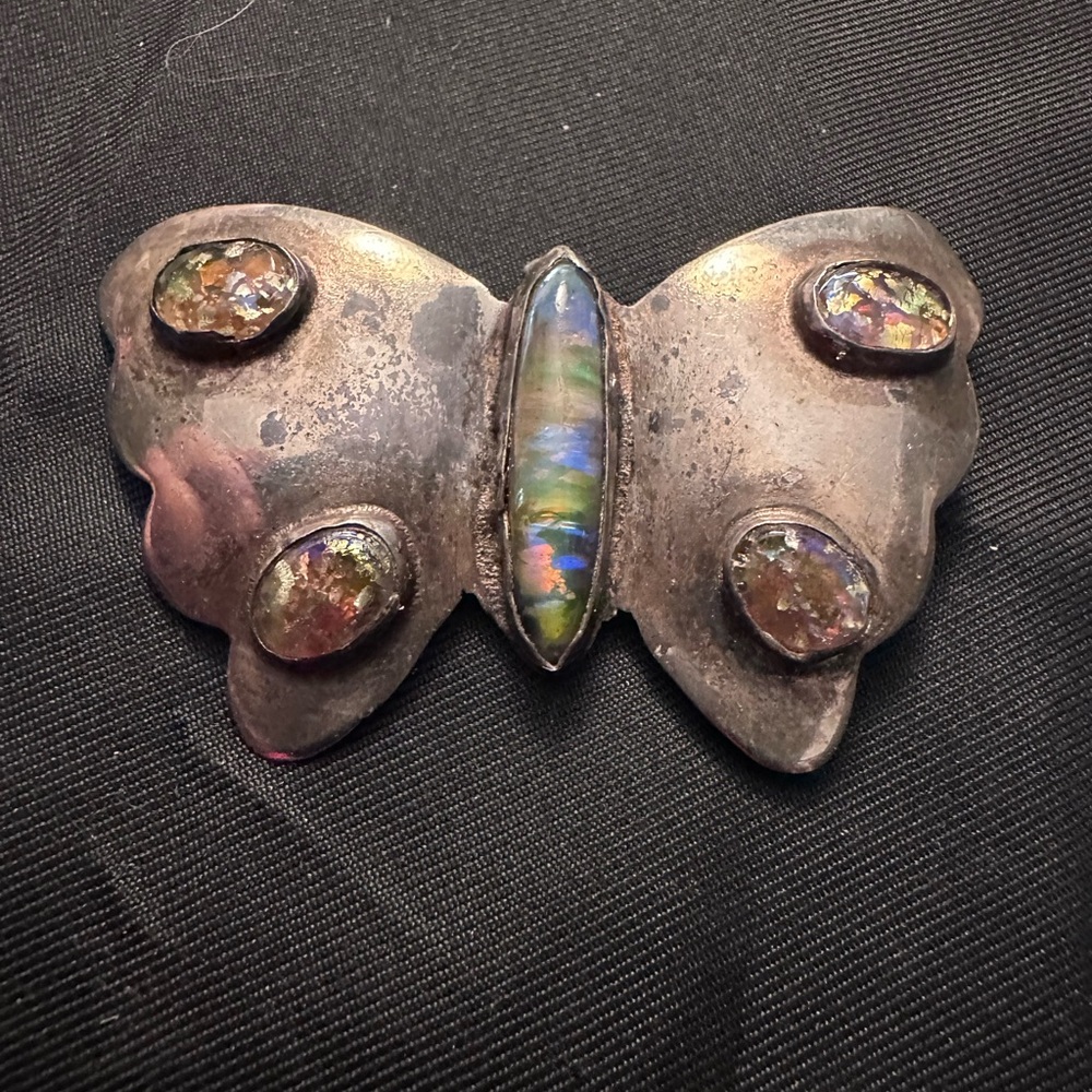 Vintage Sterling Silver & Roman Glass Iridescent Butterfly Brooch – 10g